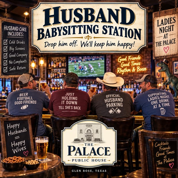 Event flyer: Husband Babysitting Station at The Palace Public House, Glen Rose, Texas. Drop him off. We&rsquo;ll keep him happy! Ladies Night at The Palace. Husband care includes cold drinks, big screens, good company, no complaints, and safe return. Four men in ball caps and a cowboy hat sit at the bar with beers, watching football on the big screen.